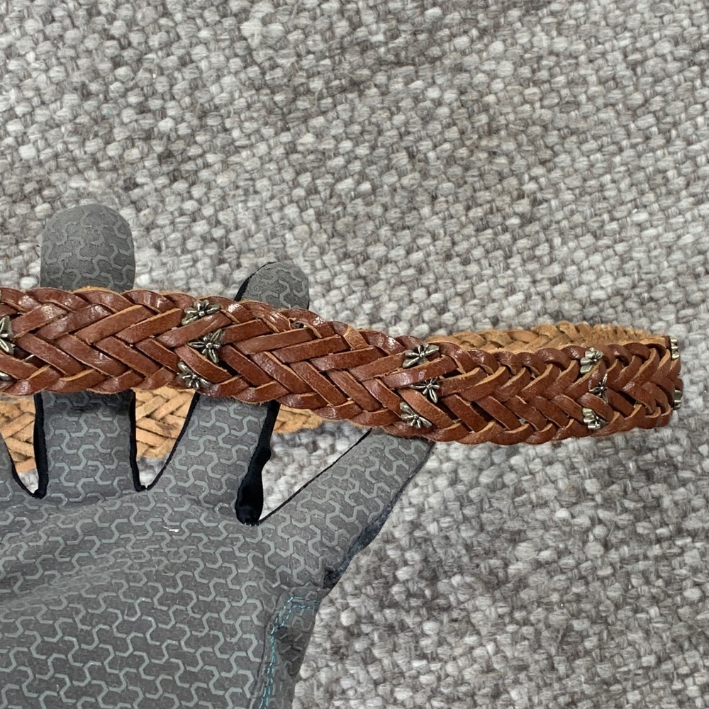 Braided Leather Belt Womens Medium Brown Floral Studded Western Boho 36 Inch
